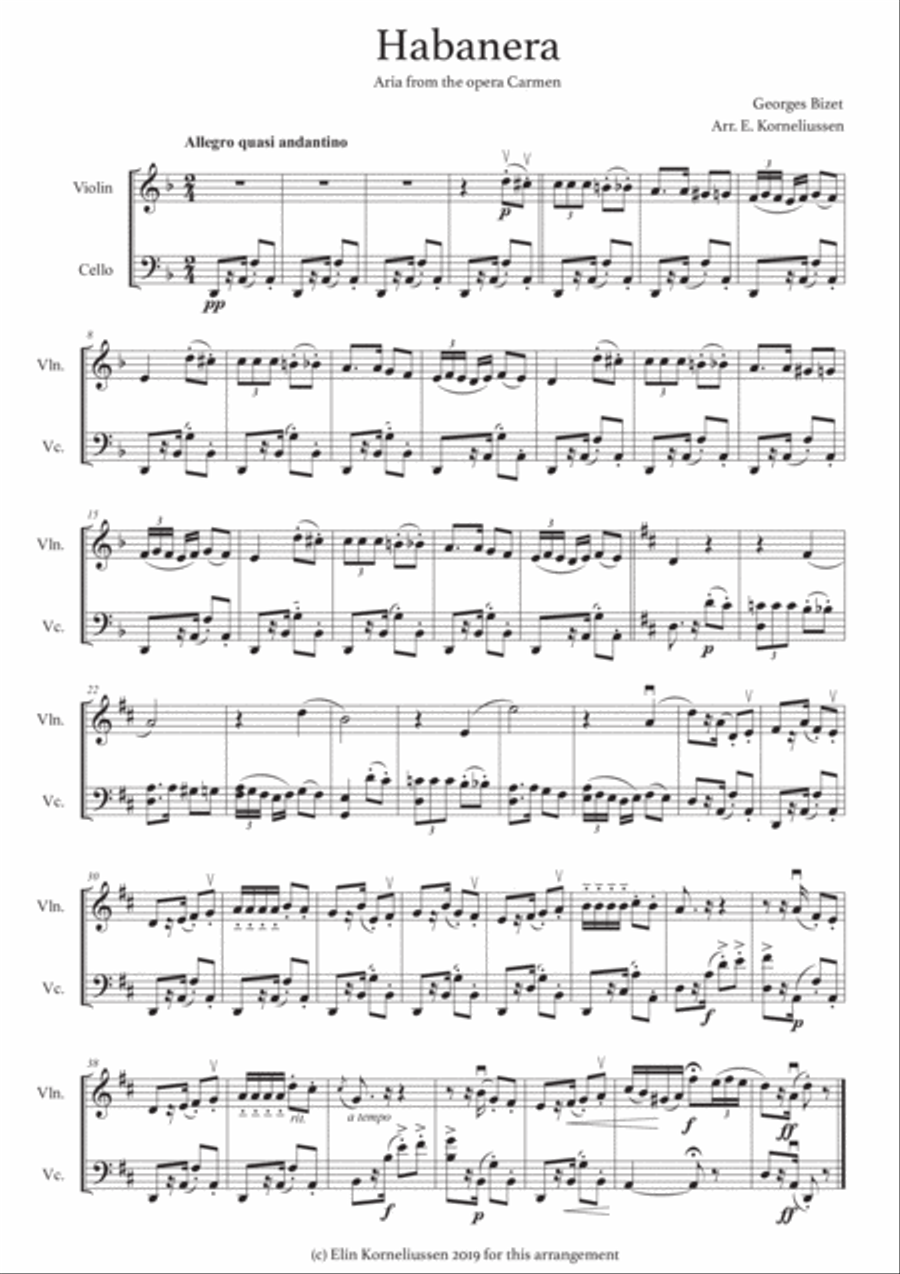 Habanera from Carmen for string duet (violin and cello) String Duet scores gallery preview page 1