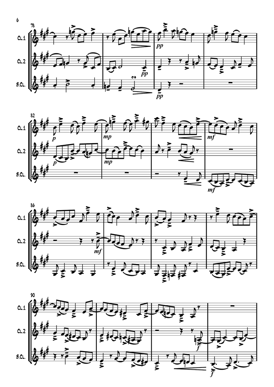 'Fugue in A Major' by Carl Philipp Emanuel Bach (Wq 119/4) for Clarinet Trio. Clarinet Trio scores gallery preview page 6