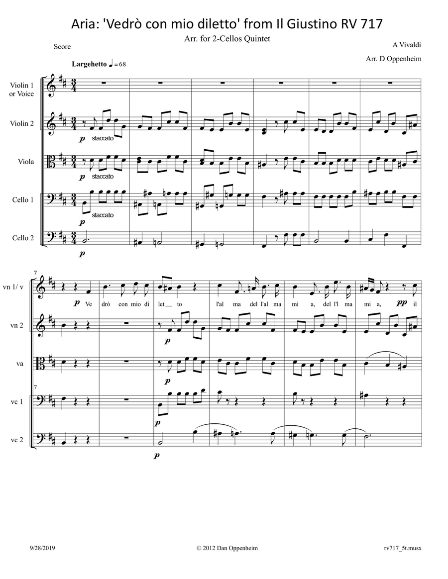 Vivaldi: Aria - 'Vedrò con mio diletto' from Il Giustino RV 717 Arr. for 2-Cellos Quintet or Voice Small Ensemble scores gallery preview page 1