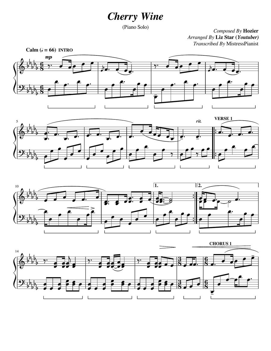 Cherry Wine Piano Solo scores gallery preview page 1