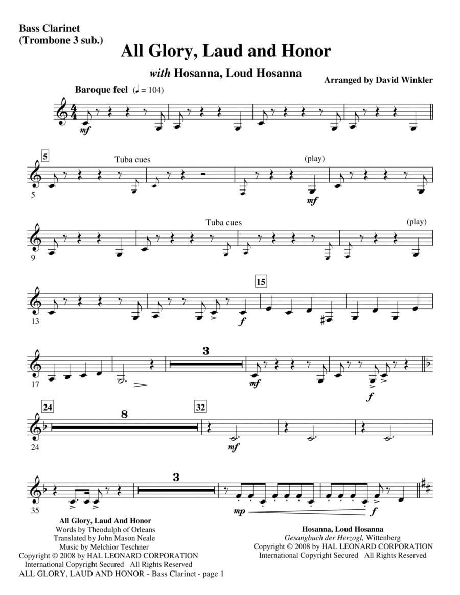 All Glory, Laud, And Honor (with Hosanna, Loud Hosanna) - Bass Clarinet Bass Clarinet scores gallery preview page 1