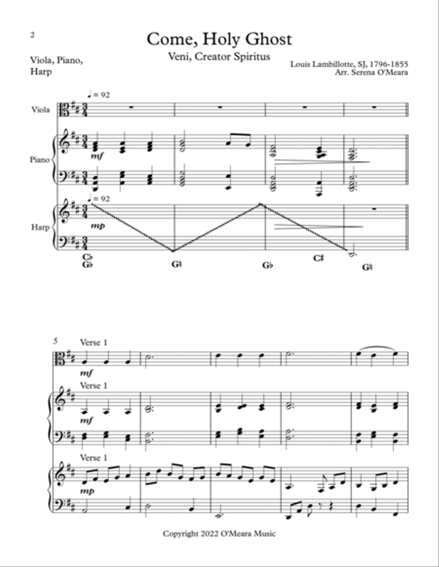 Come, Holy Ghost, Trio for Viola, Harp, Piano Pedal Harp scores gallery preview page 2