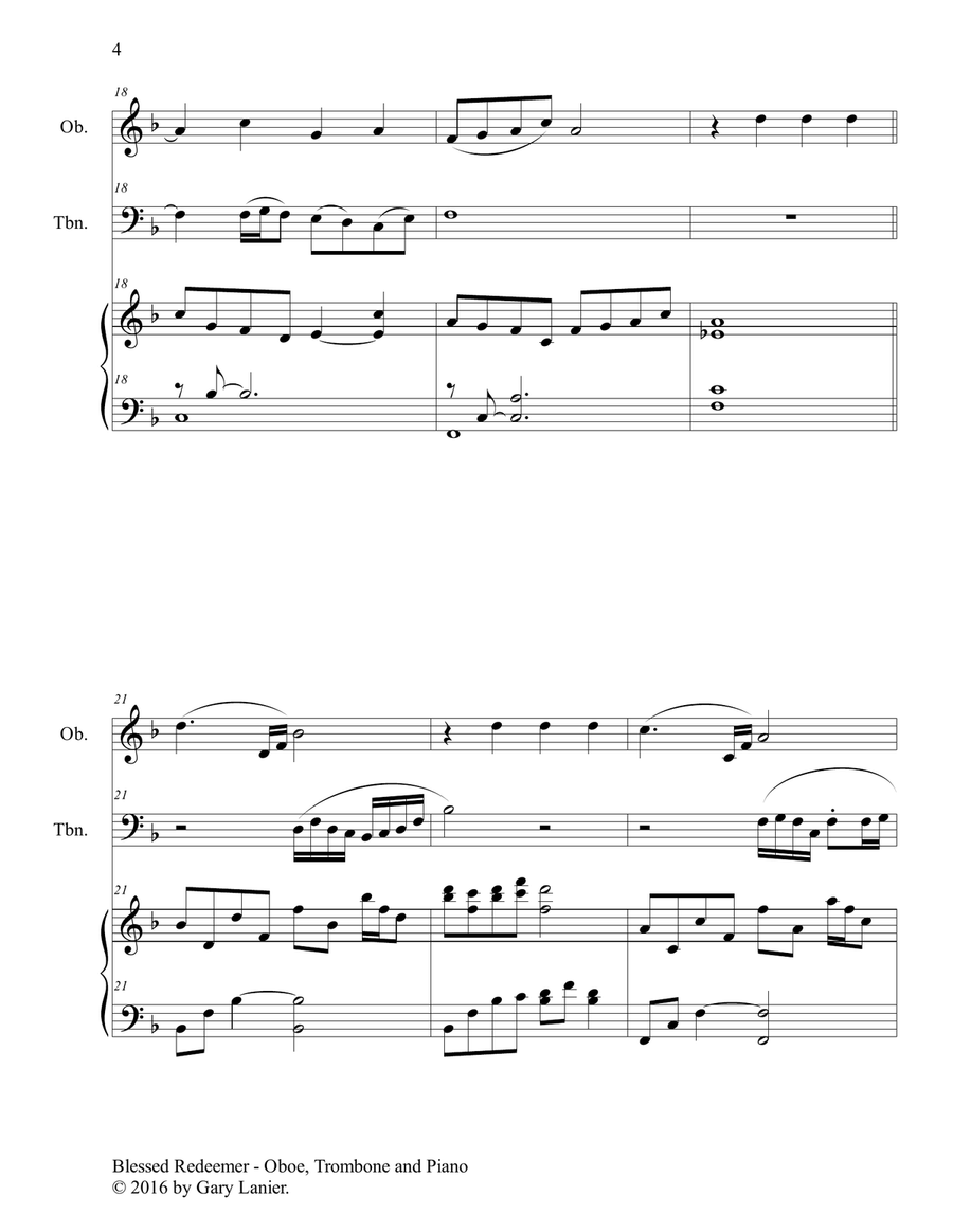 3 FAVORITE HYMNS (Trio - Oboe, Trombone & Piano with Score/Parts) Trombone Duet scores gallery preview page 5