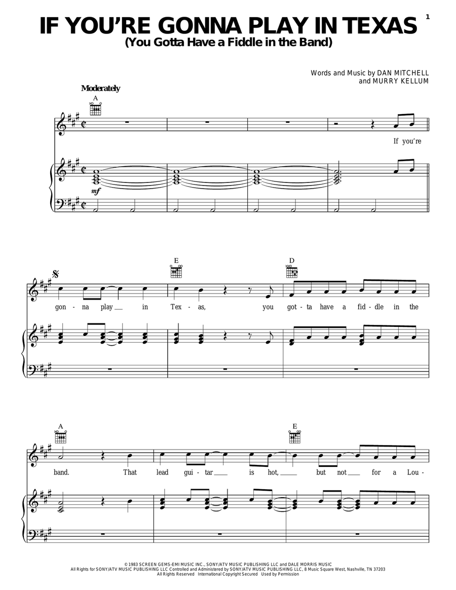 If You're Gonna Play In Texas (You Gotta Have A Fiddle In The Band) Piano, Vocal, Guitar scores gallery preview page 1