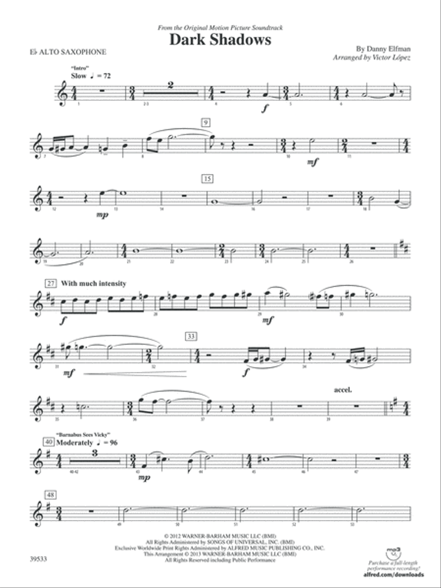 Dark Shadows (from the Original Motion Picture Soundtrack): E-flat Alto Saxophone Concert Band scores gallery preview page 1