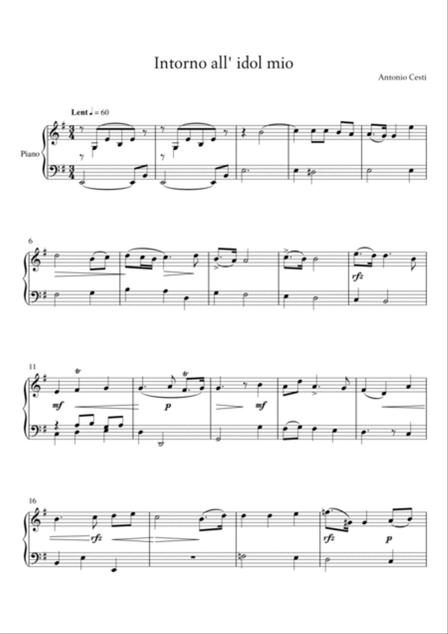 Antonio Cesti - Intorno all_ idol mio (Easy Piano Version) Small Ensemble scores gallery preview page 2
