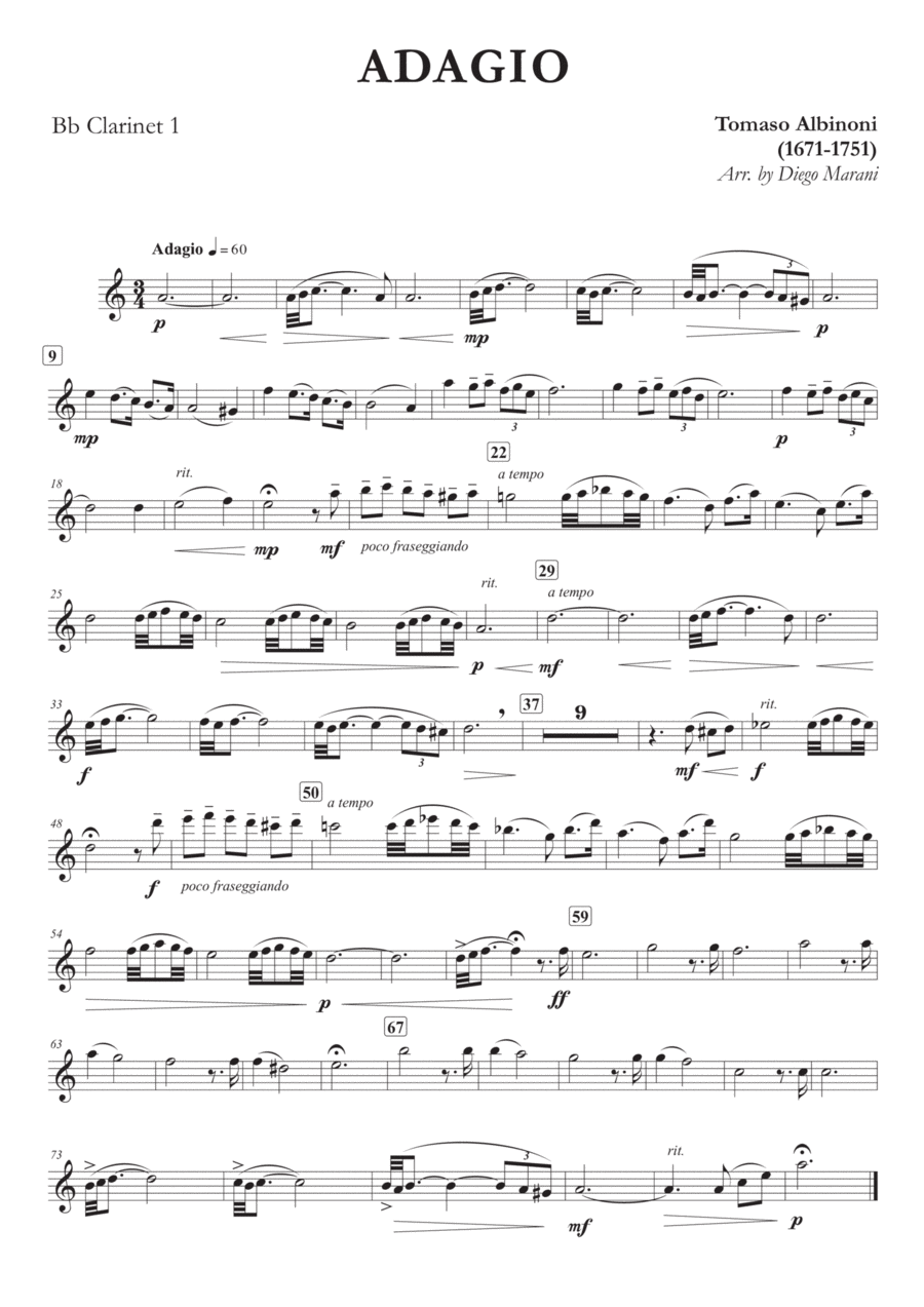 Albinoni's Adagio for Clarinet Quartet Clarinet Quartet scores gallery preview page 1