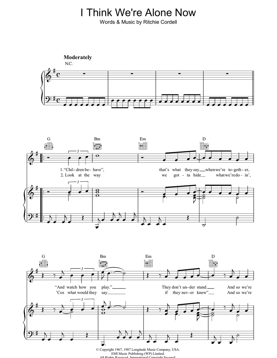 I Think We're Alone Now Piano, Vocal, Guitar scores gallery preview page 1