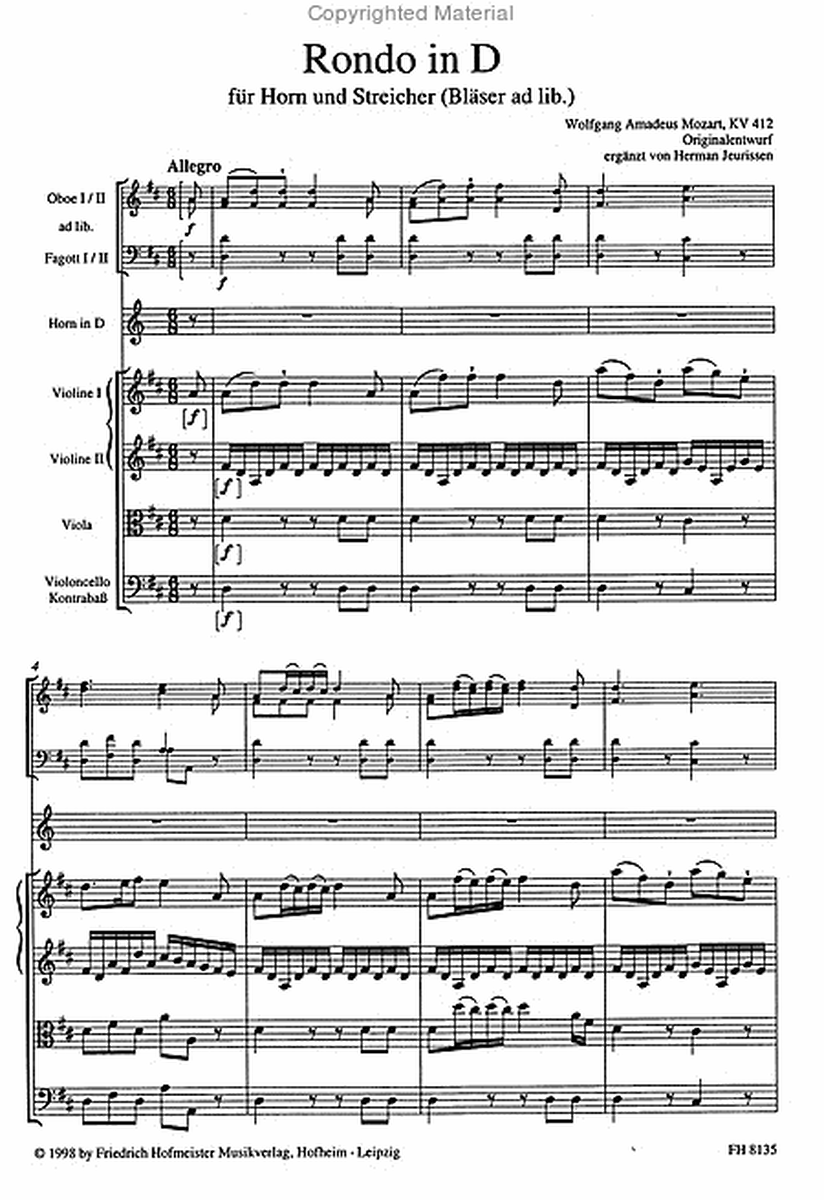 Rondo in D fur Horn und Streicher, KV 412 (Nr. 2) / Partitur