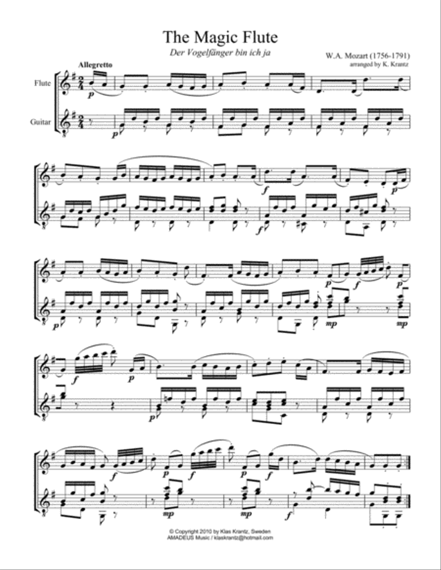 8 short pieces by W.A. Mozart arranged for flute and guitar by