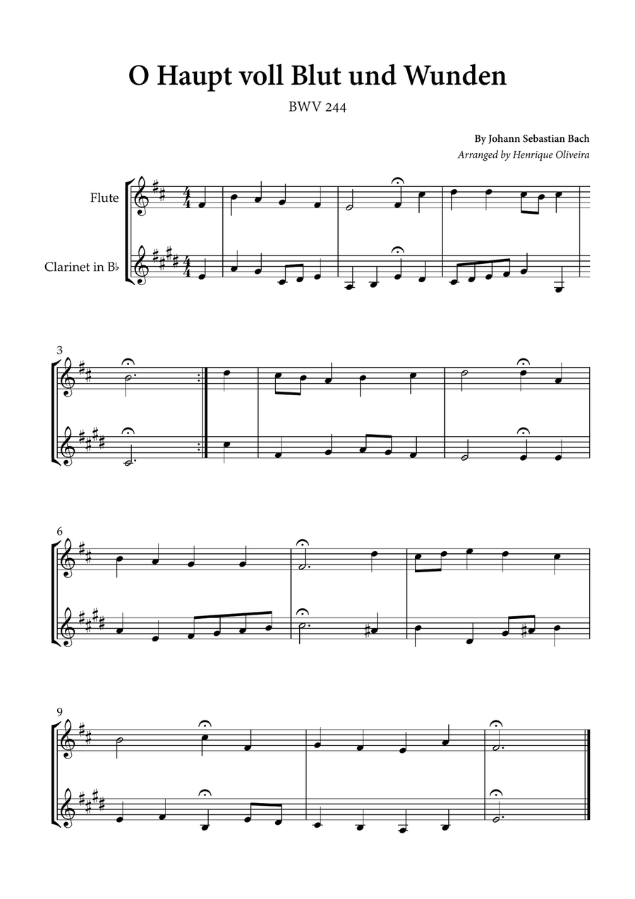 O Haupt voll Blut und Wunden (Flute and Clarinet) - Johann Sebastian Bach Woodwind Duet scores gallery preview page 1