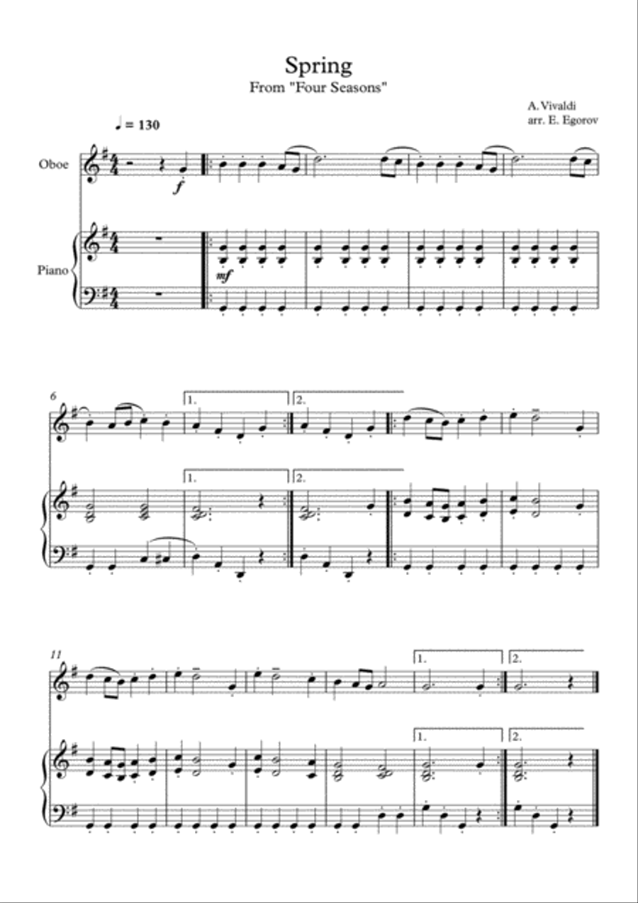 Spring (Four Seasons), Antonio Vivaldi, For Oboe & Piano Piano scores gallery preview page 1