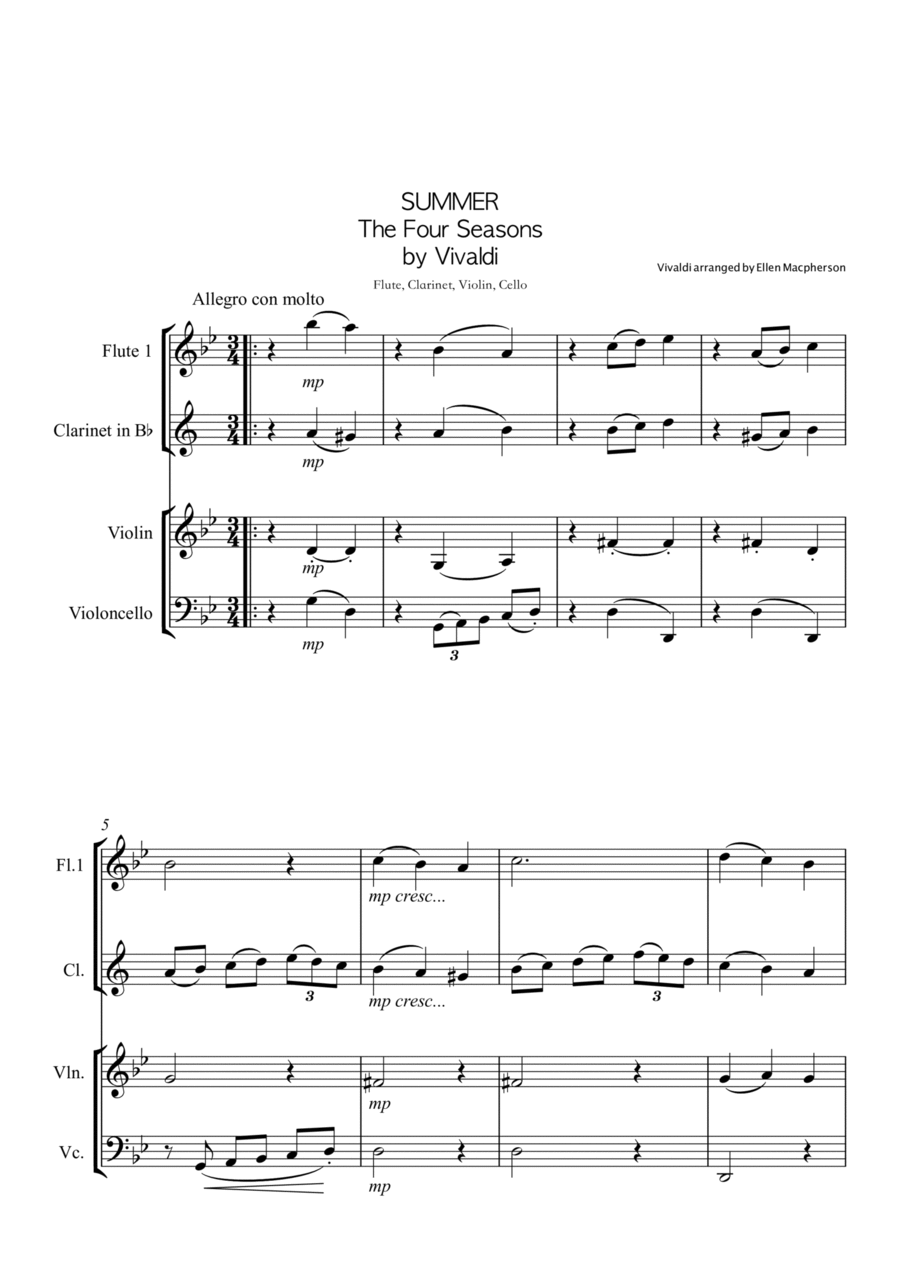 SUMMER by VIVALDI for FLUTE, CLARINET, VIOLIN, CELLO QUARTET Small Ensemble scores gallery preview page 1