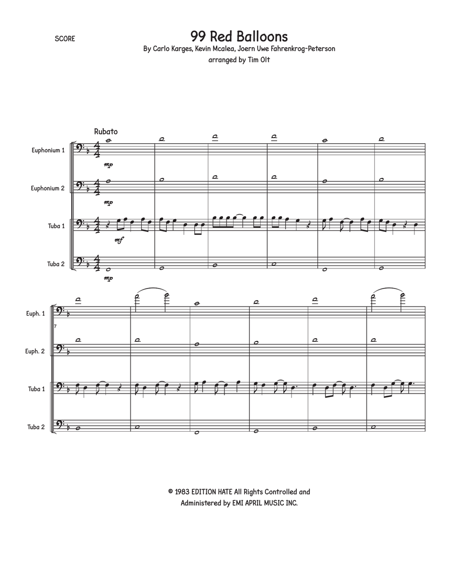 99 Red Balloons (99 Luftballons) Brass Quartet scores gallery preview page 1