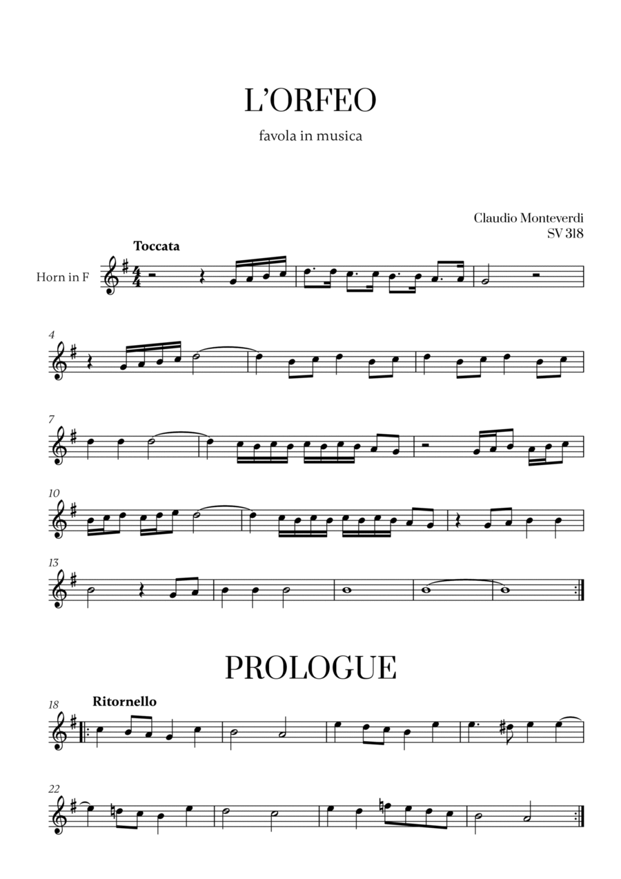 Monteverdi - l'Orfeo favola in musica SV 318 for French Horn Solo Horn Solo scores gallery preview page 1