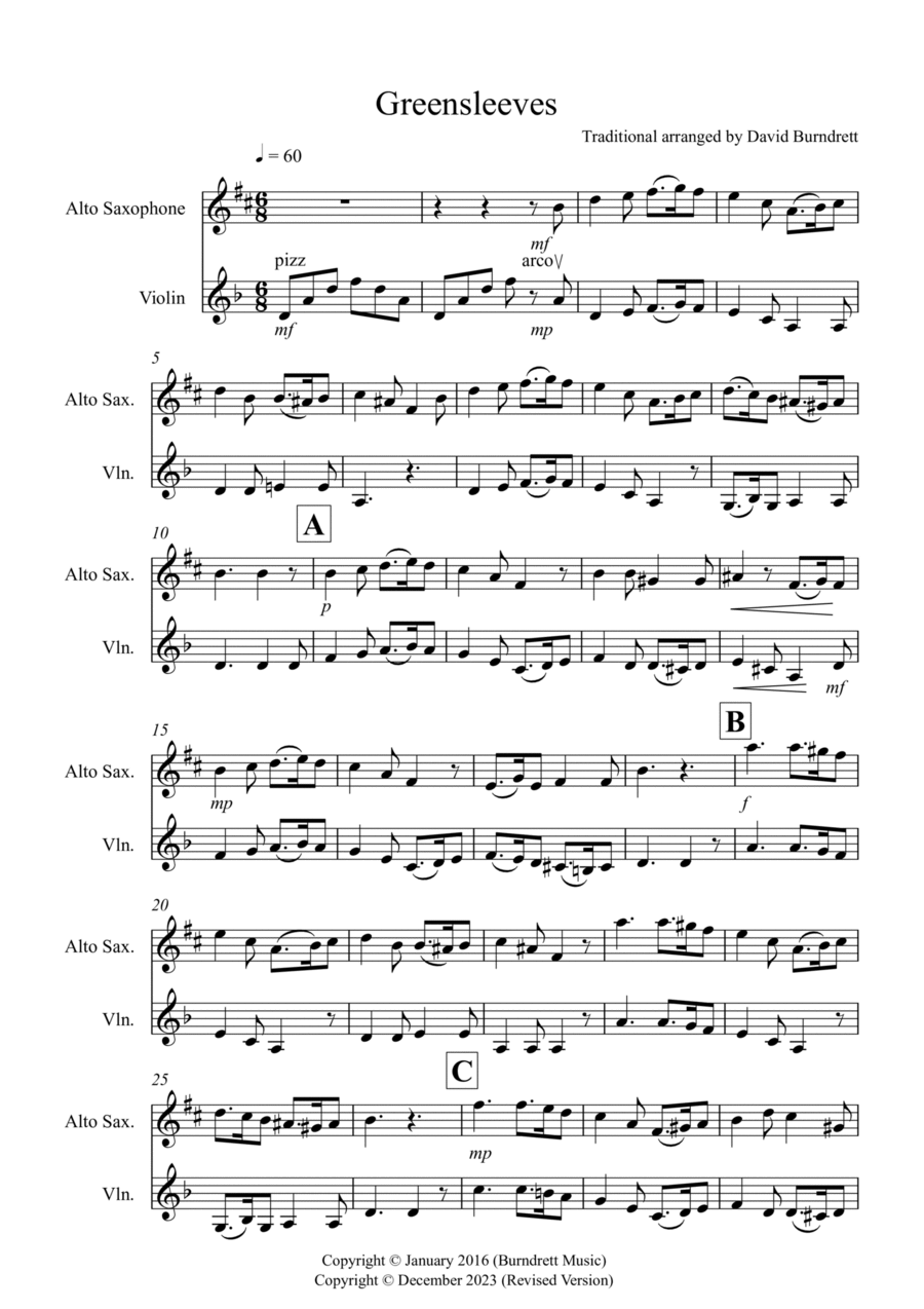 Greensleeves for Alto Saxophone and Violin Duet Alto Saxophone scores gallery preview page 1