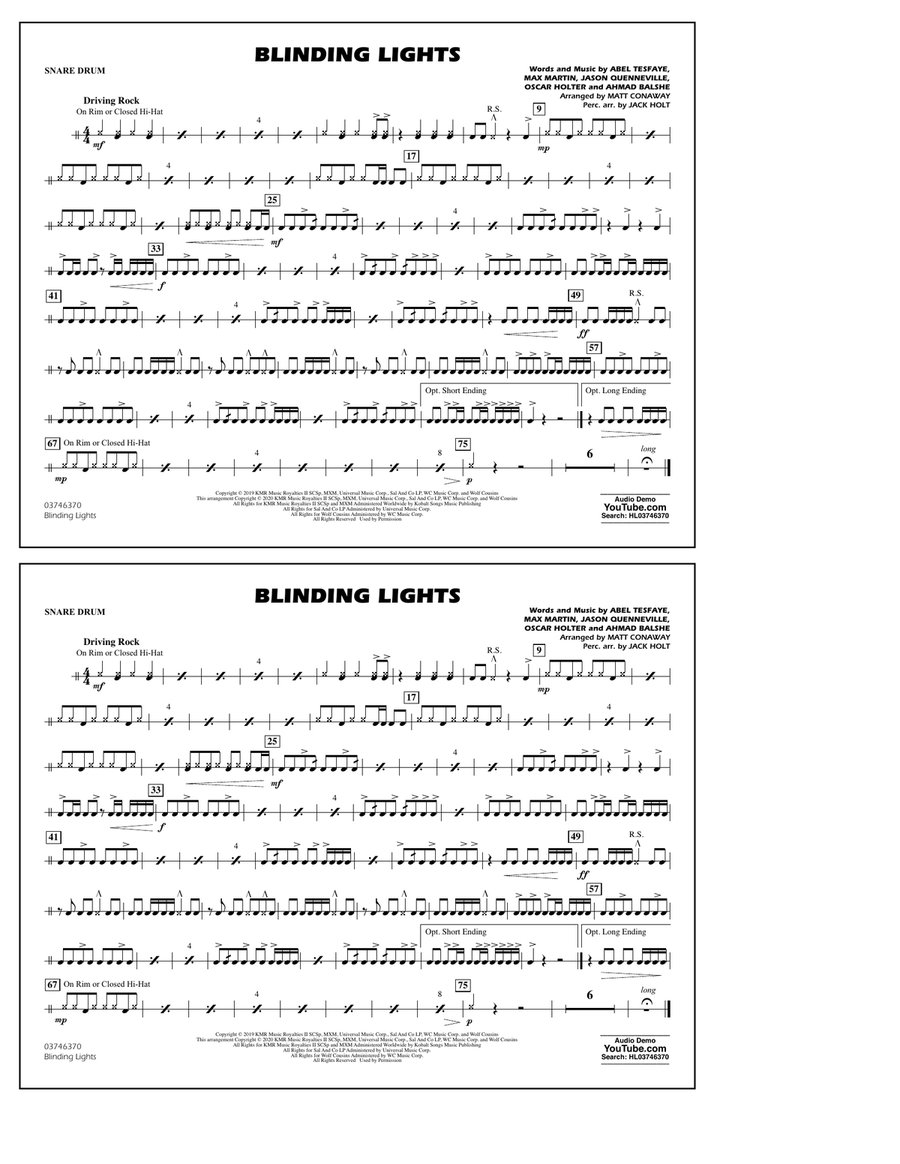 Blinding Lights (arr. Matt Conaway) - Snare Drum Marching Band scores gallery preview page 1