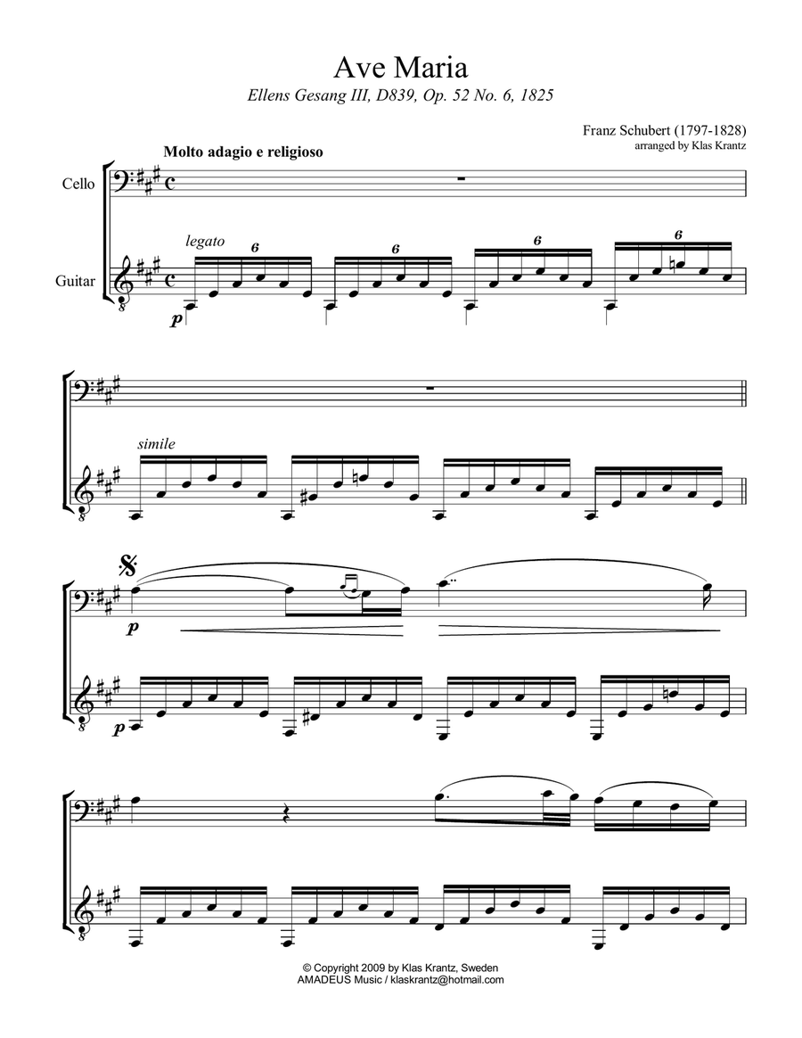 Ave Maria (Schubert) for cello and guitar String Duet scores gallery preview page 2