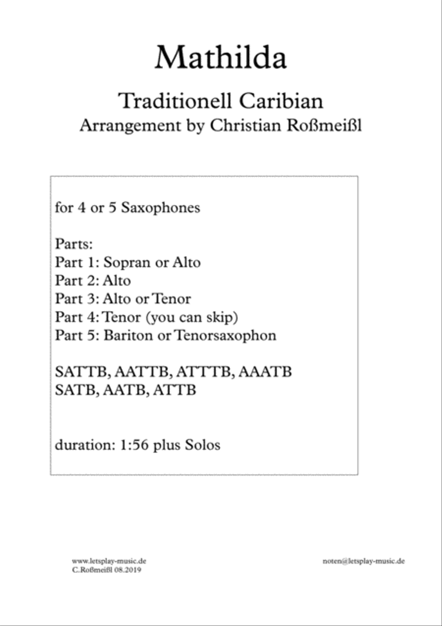 Matilda with 4 or 5 Saxophons Saxophonquartet, Saxophonqunitet Saxophone Quintet scores gallery preview page 1