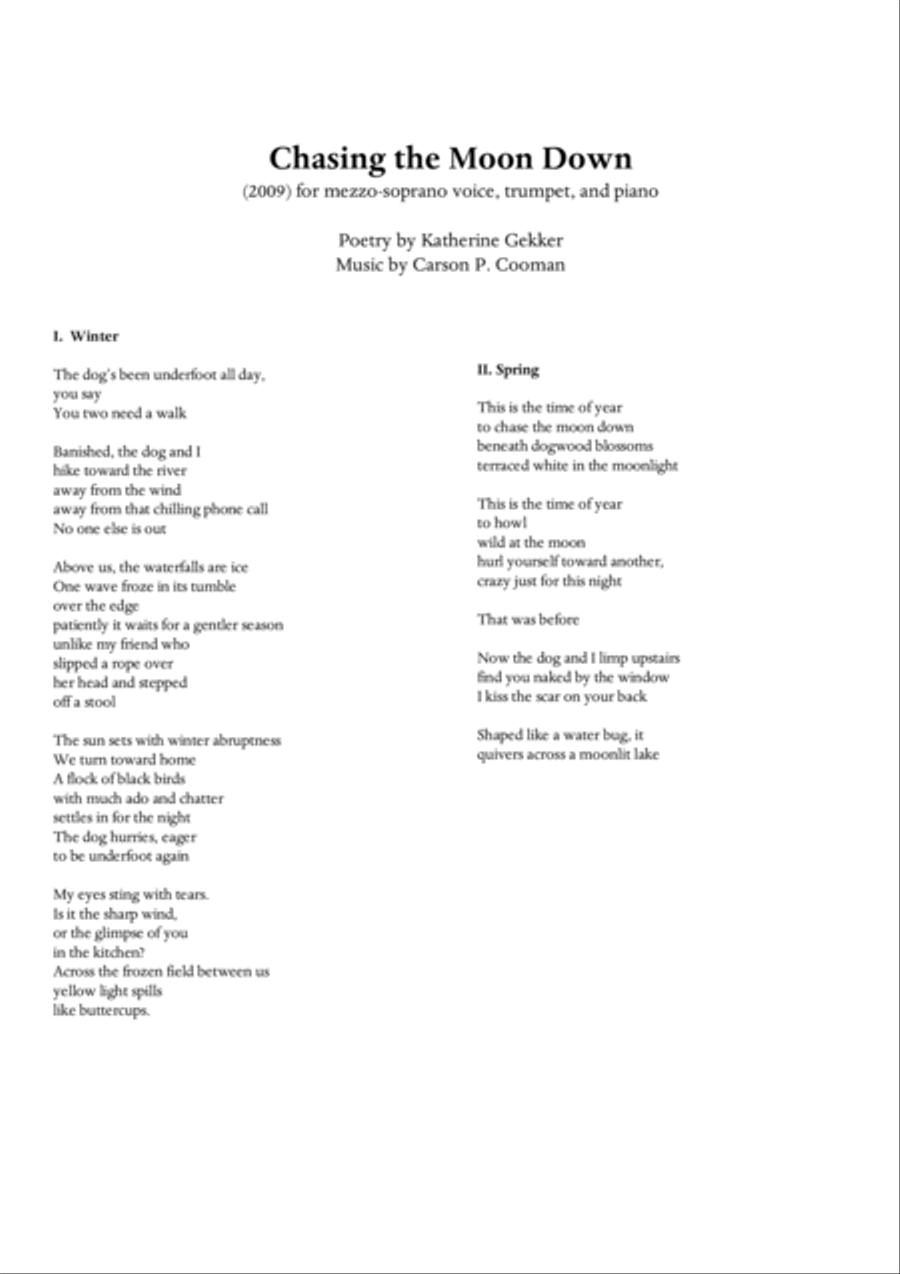 Carson Cooman : Chasing the Moon Down (2009), for mezzo-soprano, trumpet, and piano Small Ensemble scores gallery preview page 2