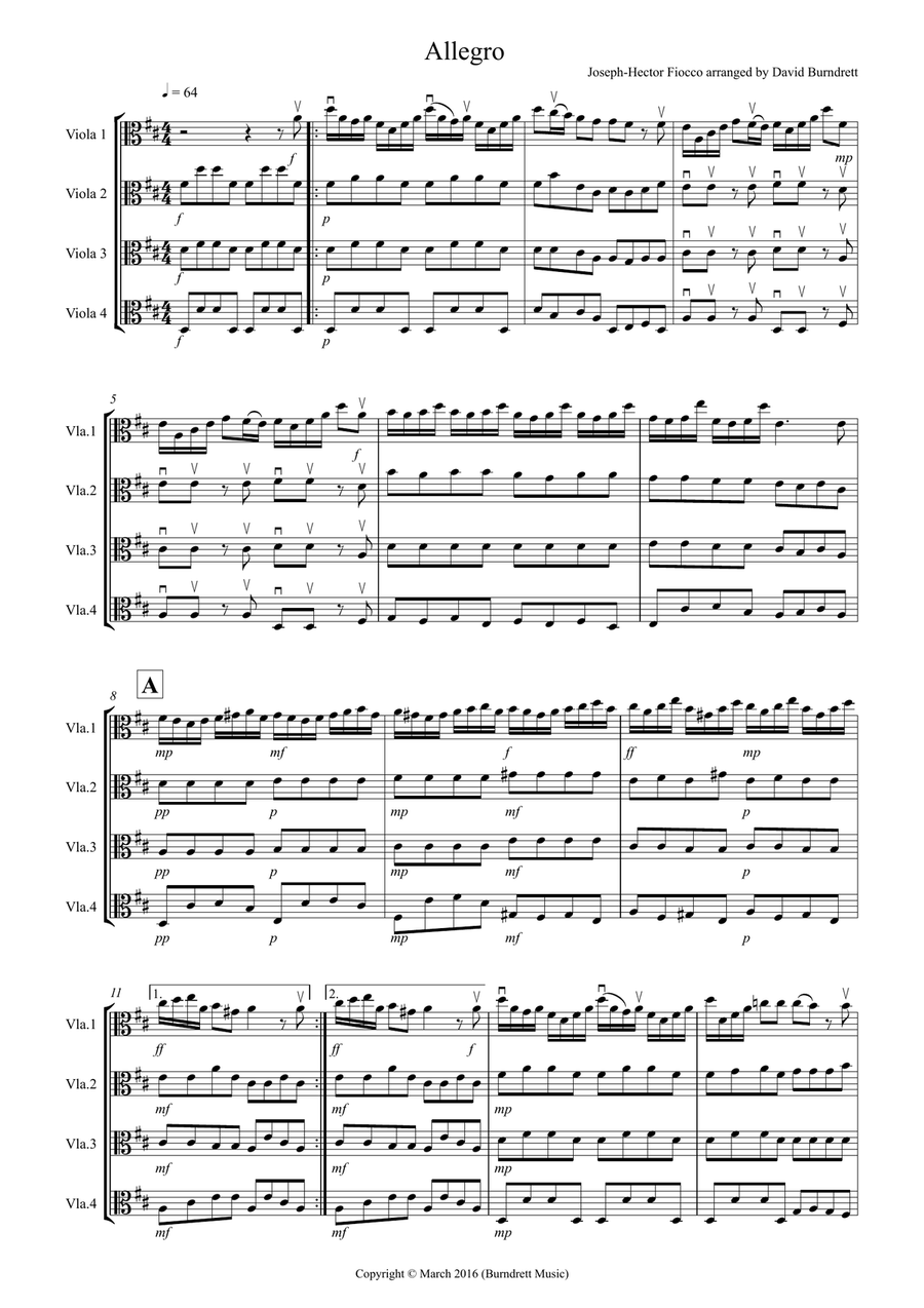 Allegro by Fiocco for Viola Quartet Viola Solo scores gallery preview page 1