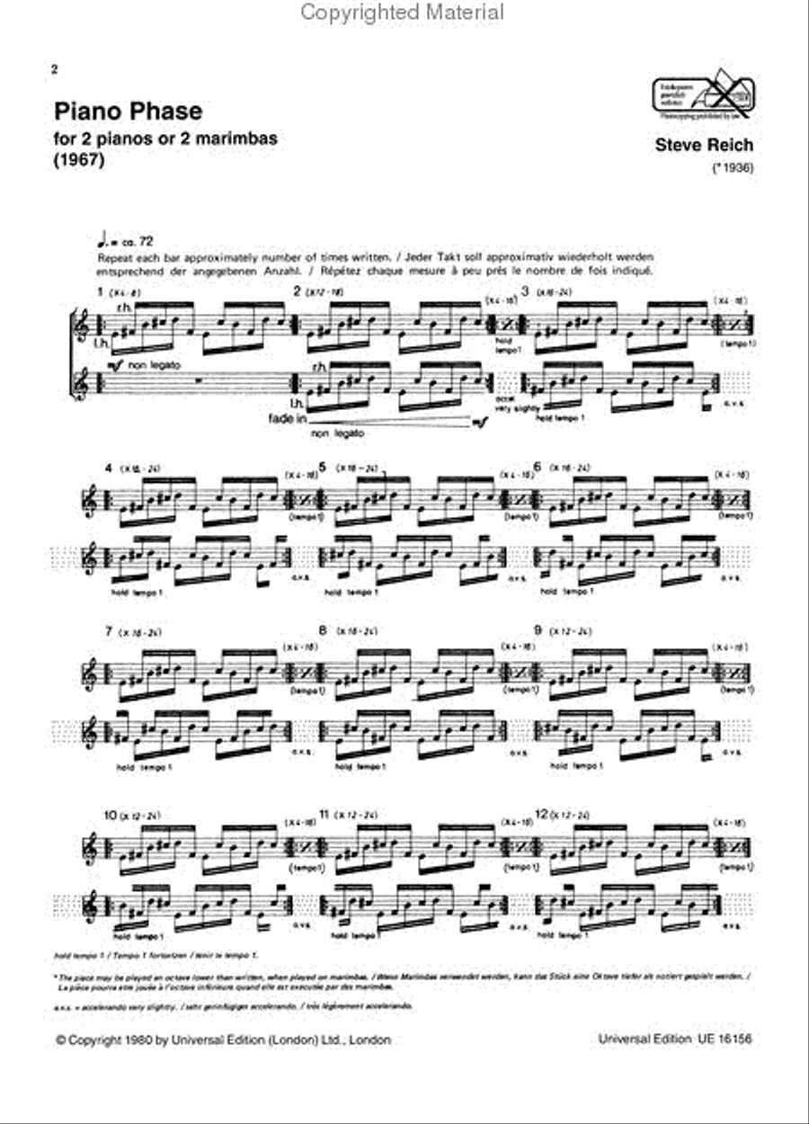 Piano Phase for 2 pianos or 2 marimbas Piano scores gallery preview page 2