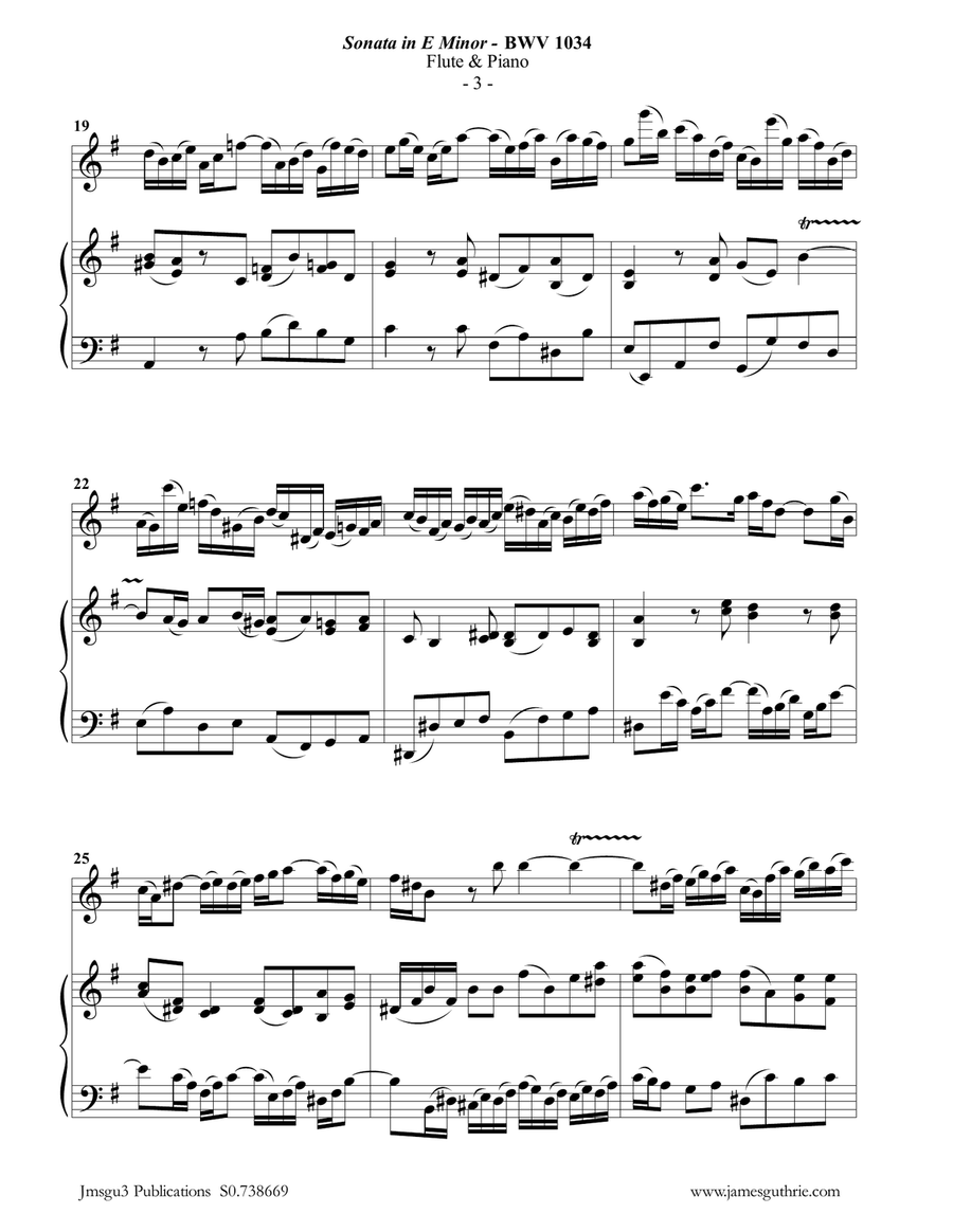BACH: Sonata in E Minor BWV 1034 for Flute & Piano Flute Solo scores gallery preview page 3