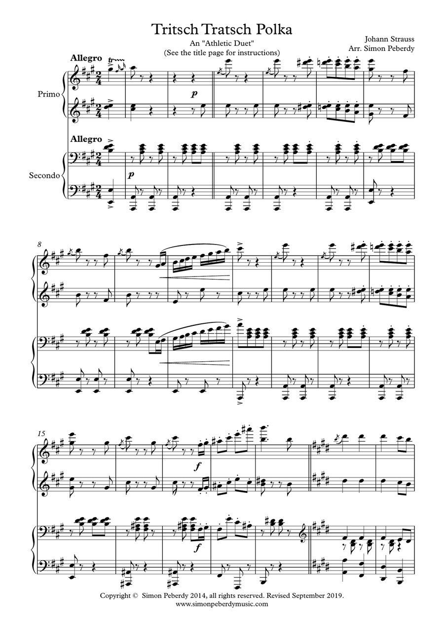 Tritsch Tratsch Polka by Johann Strauss, arranged as an "athletic piano duet" by Simon Peberdy image number null