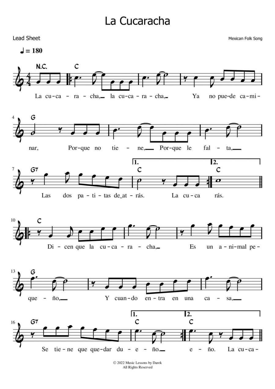 La Cucaracha (LEAD SHEET) [Mexican Folk Song] Piano scores gallery preview page 1
