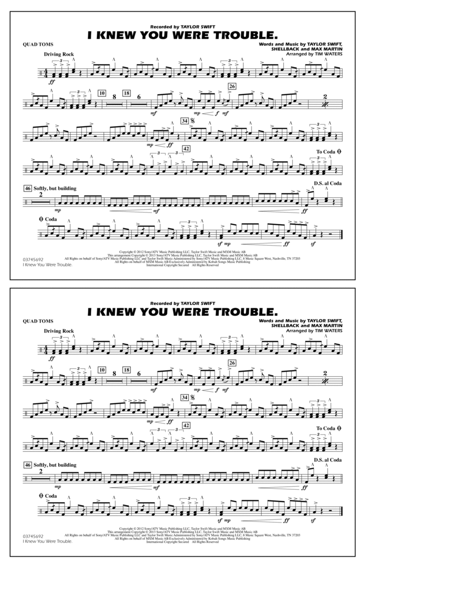 I Knew You Were Trouble - Quad Toms Marching Band scores gallery preview page 1