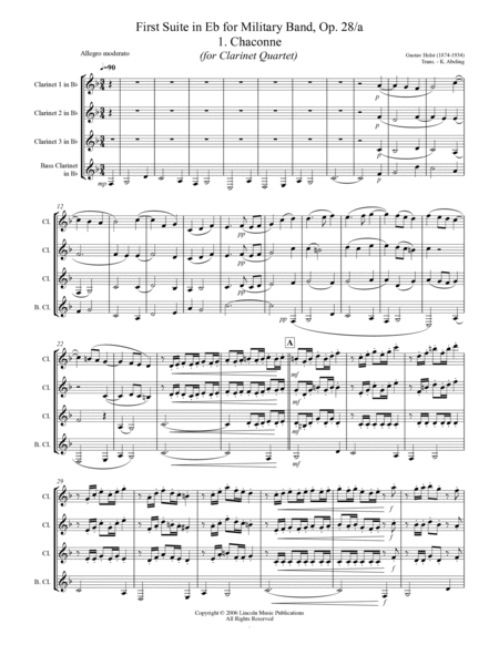 Holst - First Suite for Military Band in Eb (for Clarinet Quartet) image number null