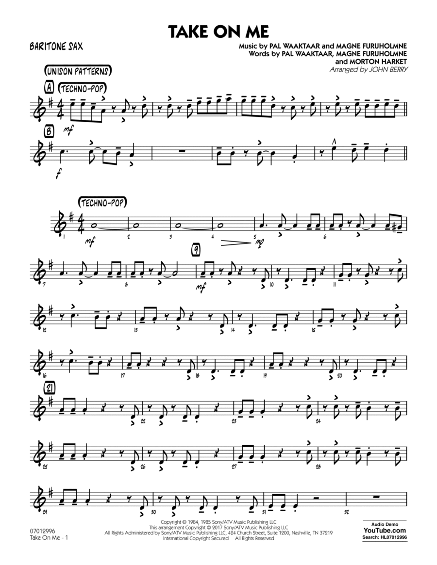 Take on Me - Baritone Sax Baritone Saxophone scores gallery preview page 1