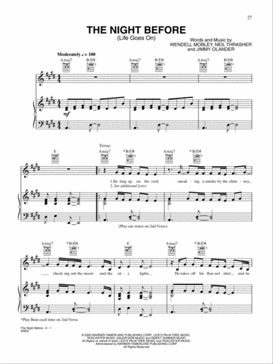 The Night Before (Life Goes On) Piano, Vocal, Guitar scores gallery preview page 1