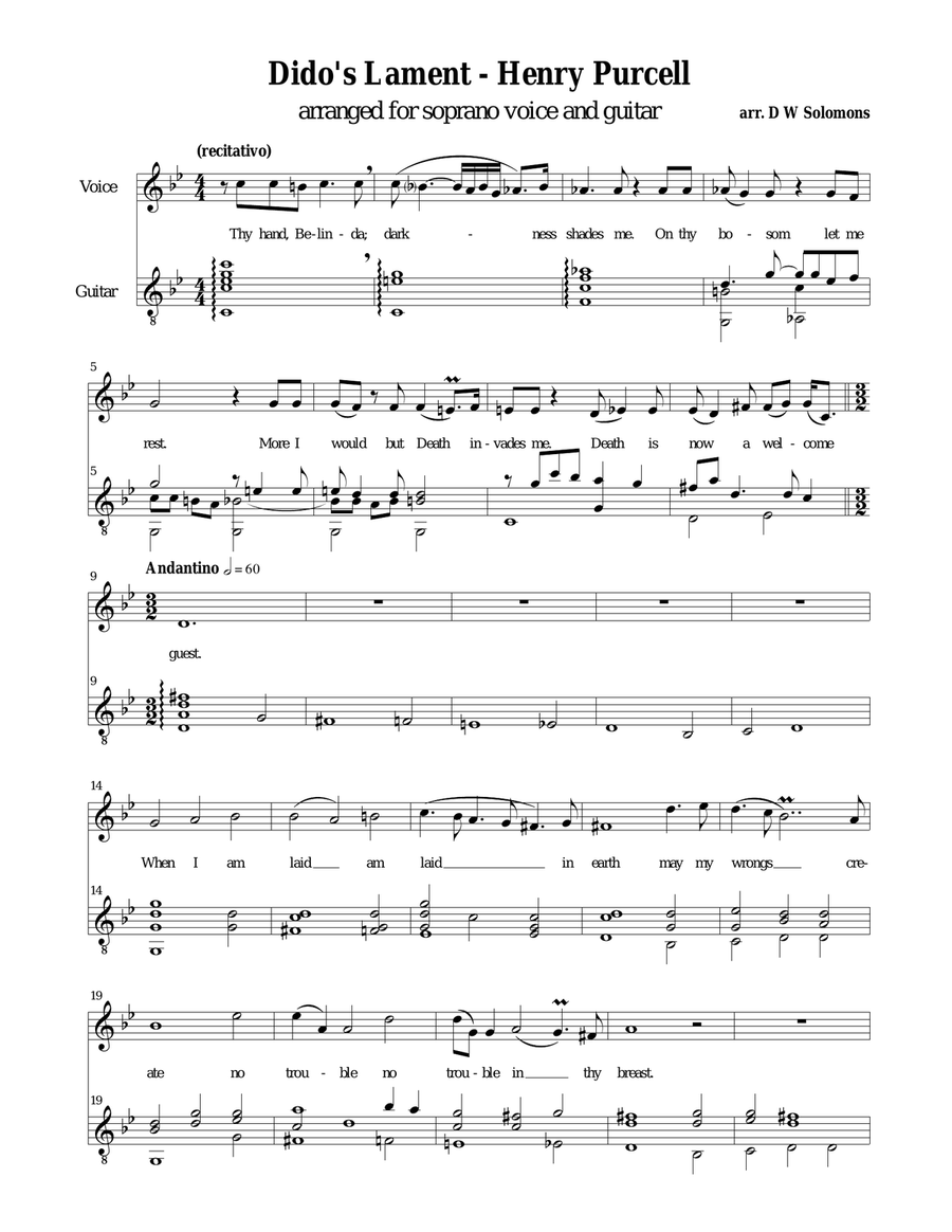 Dido's Lament - When I am laid in earth - arranged for soprano and guitar. Classical Guitar scores gallery preview page 1