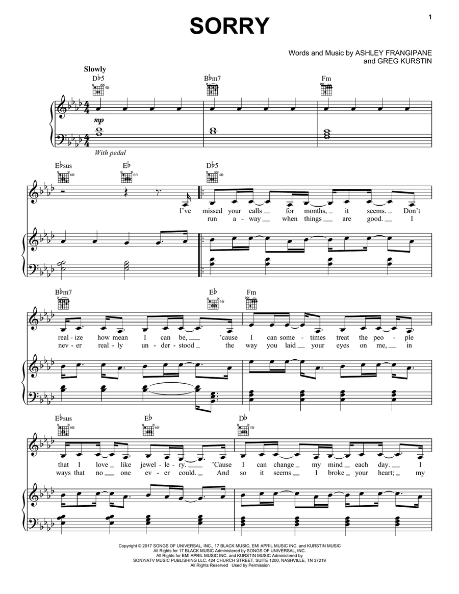 Sorry Piano, Vocal, Guitar scores gallery preview page 1