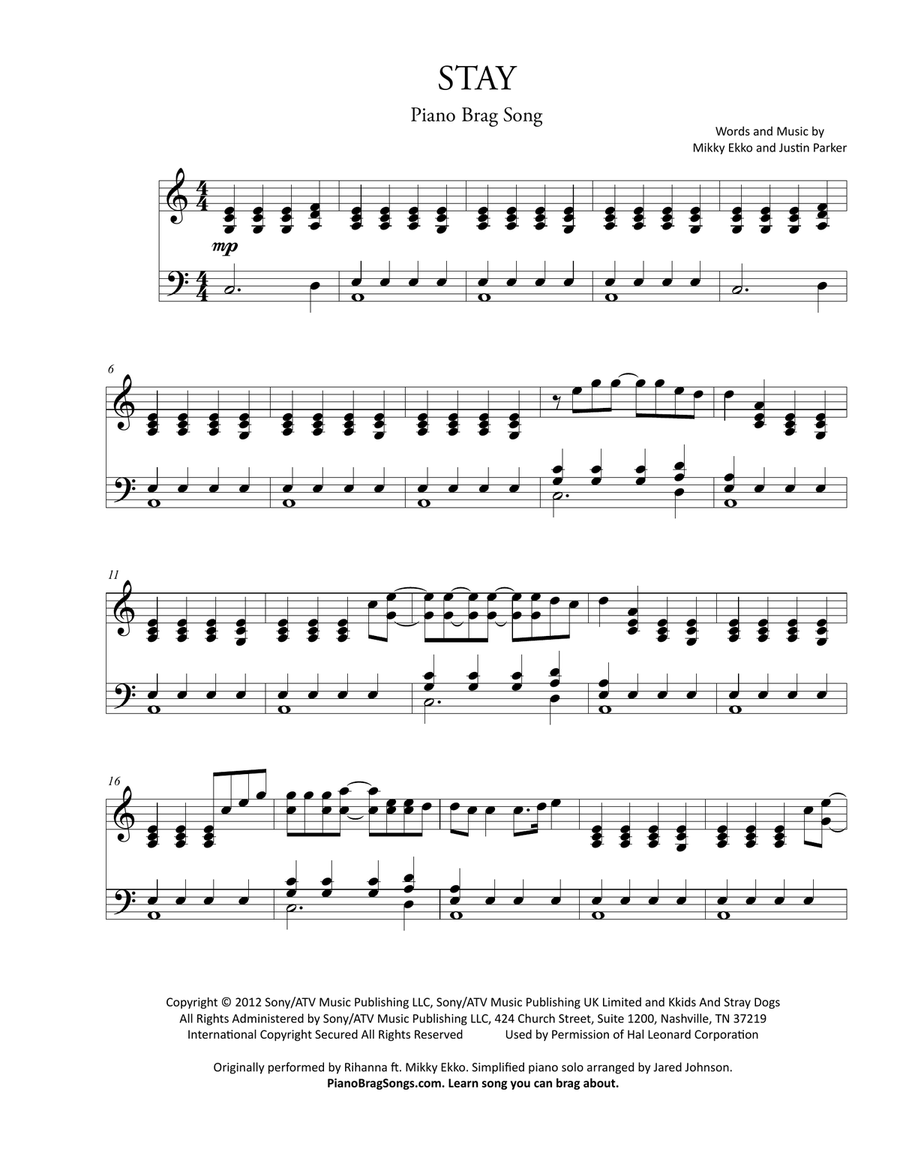 Stay Piano Solo scores gallery preview page 1