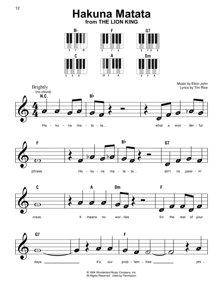 Hakuna Matata (from The Lion King) Easy Piano scores gallery preview page 1