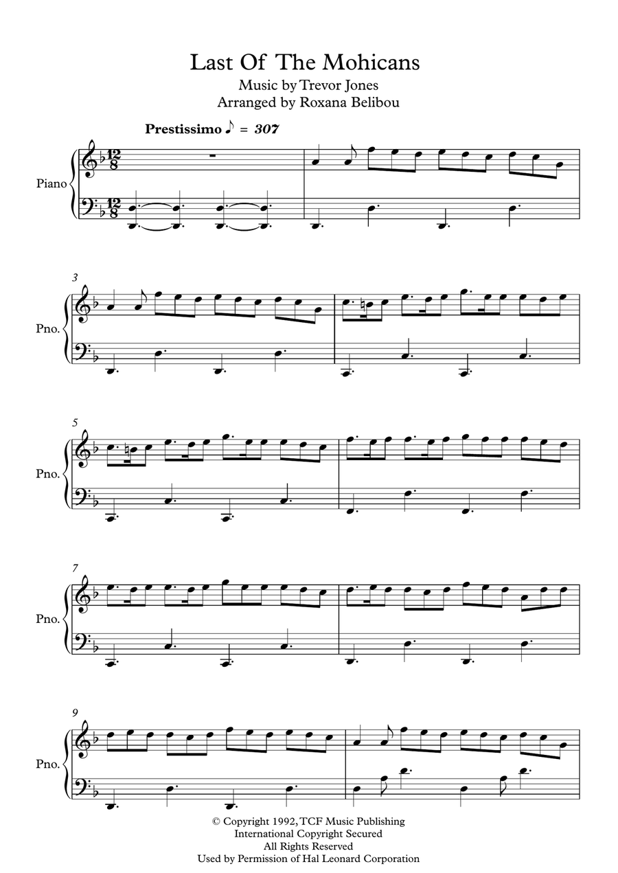 Last Of The Mohicans (main Theme) Piano Solo scores gallery preview page 1
