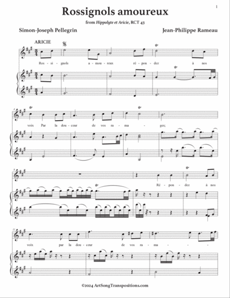 RAMEAU: Rossignols amoureux (transposed to A major) Piano, Vocal scores gallery preview page 2
