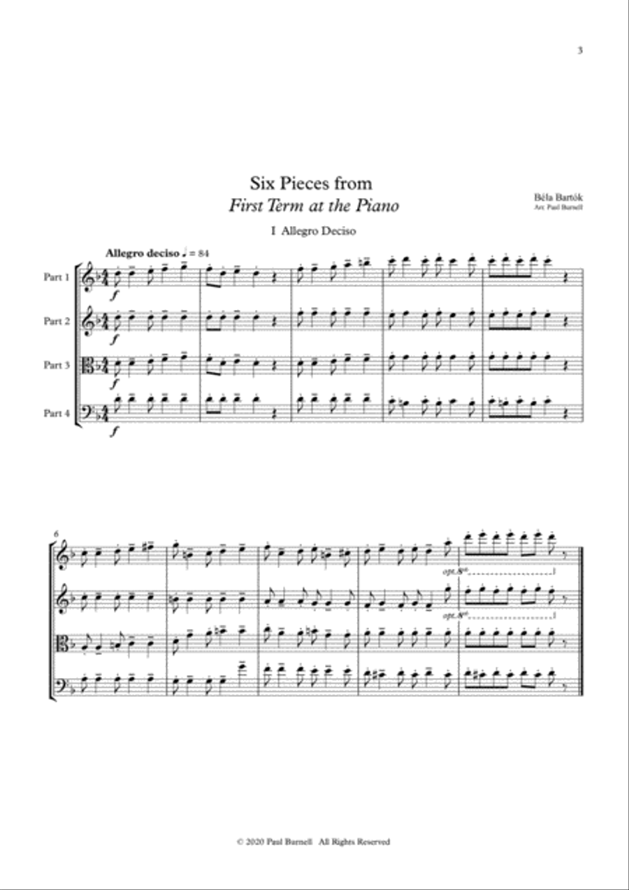 Six Pieces from First Term at the Piano, arranged for instruments in four parts image number null