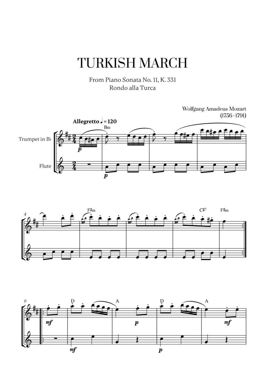W. A. Mozart - Turkish March (Alla Turca) (with chords) (for Trumpet and Flute) Flute scores gallery preview page 1