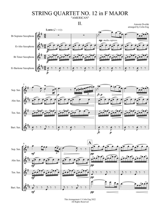 Book cover for String Quartet No. 12 in F Major, "American" for Saxophone Quartet MOVEMENT II