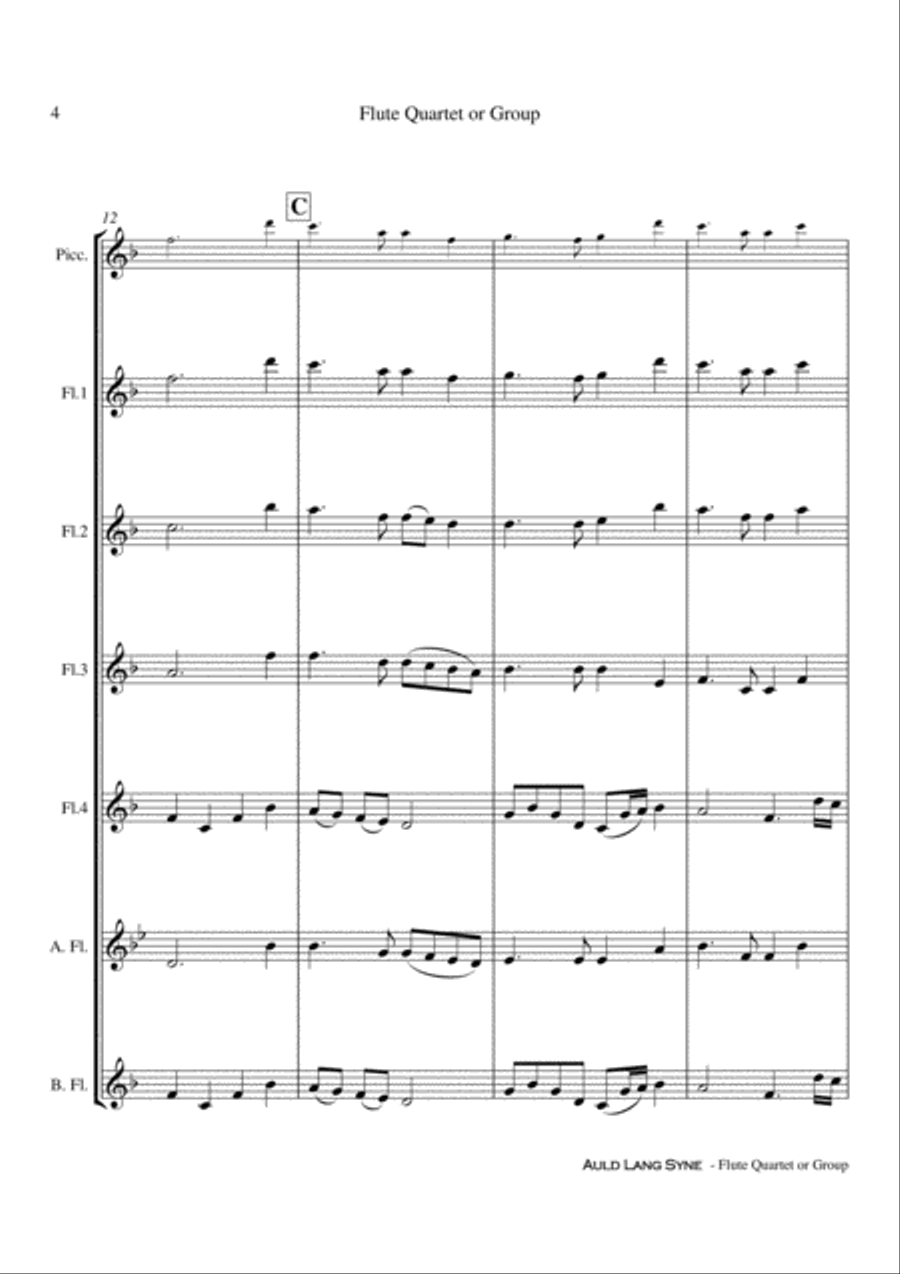 Auld Lang Syne - Flute Quartet or Group Score and Parts PDF Flute Quartet scores gallery preview page 5