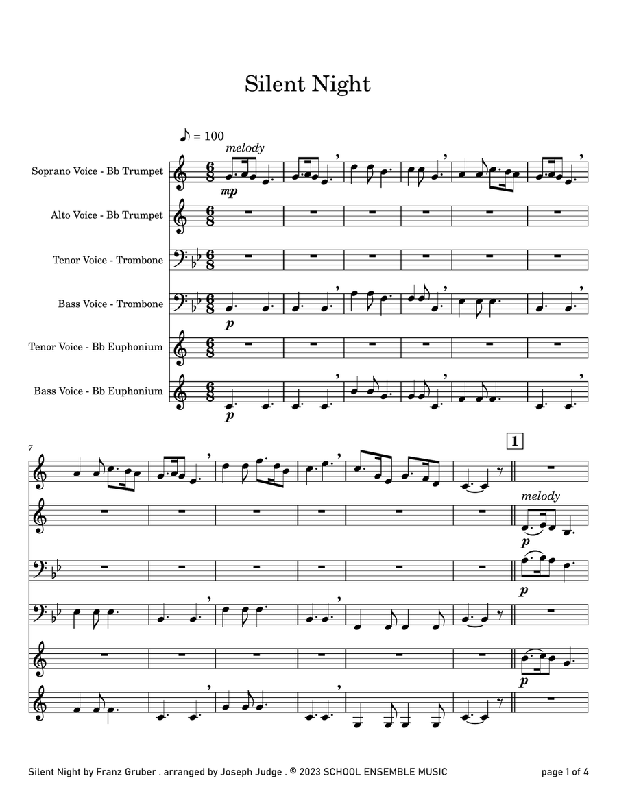Silent Night for Brass Quartet in Schools Brass Quartet scores gallery preview page 1
