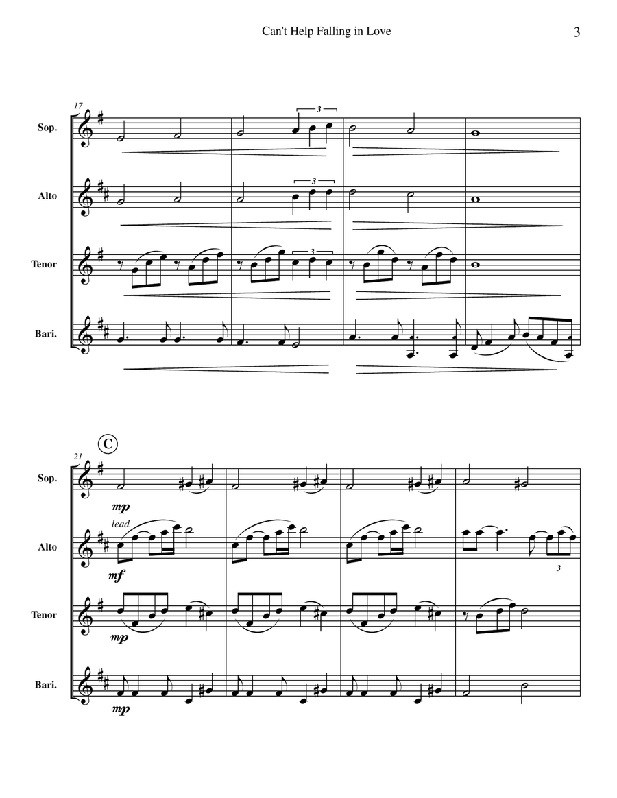 Can't Help Falling In Love Saxophone Quartet scores gallery preview page 5