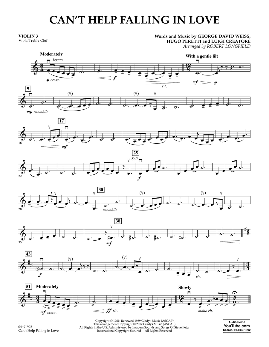 Can't Help Falling in Love - Violin 3 (Viola Treble Clef) Orchestra scores gallery preview page 1