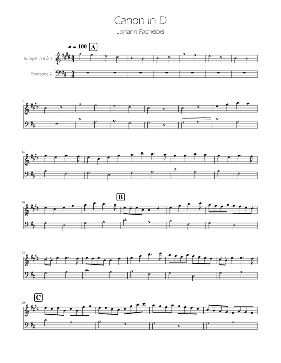 Canon in D - Trumpet and Trombone Duet Brass Duet scores gallery preview page 1