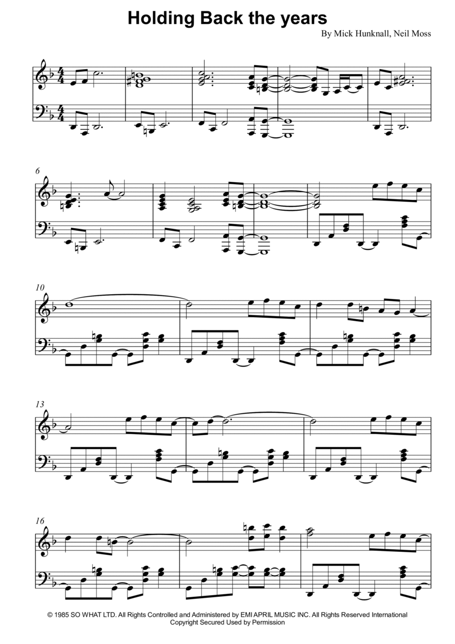 Holding Back The Years Holding Back The Years Piano Solo scores gallery preview page 1