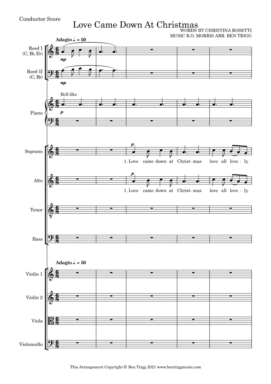 Love Came Down At Christmas – SATB, Piano, String 4tet and flexible woodwind – Score and parts SATB scores gallery preview page 1