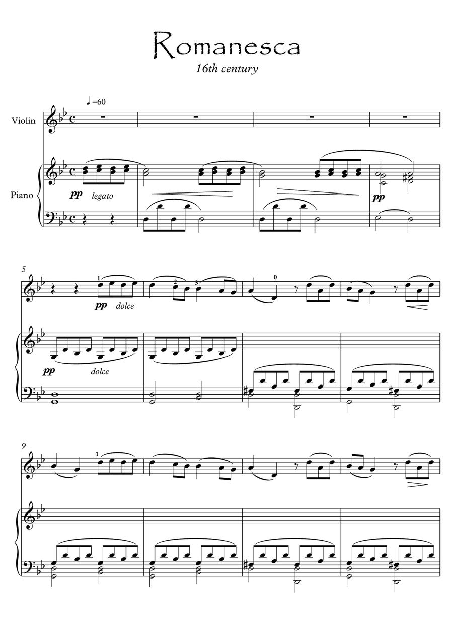 Romanesca 16th century Violin Piano duet Violin scores gallery preview page 1